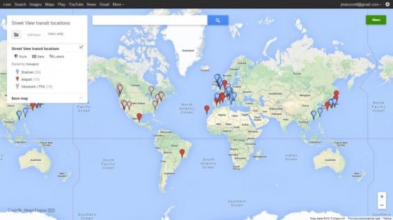 carte du monde indiquant els aéroports visibles sur Google map