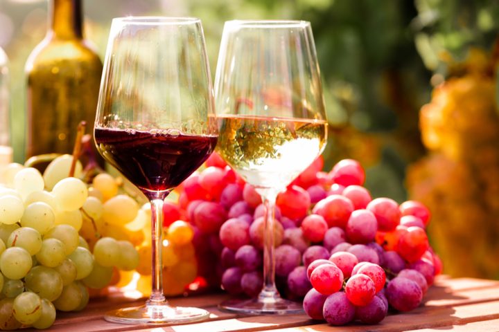 2 verres de vins et grapes de raisins