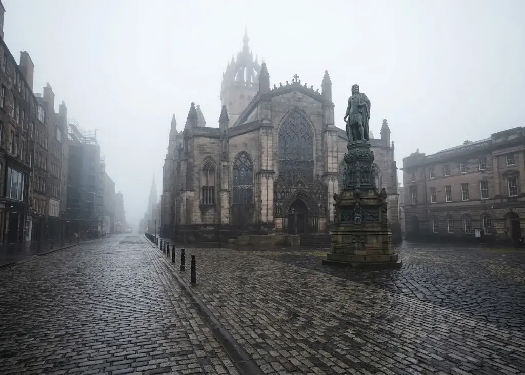 Cathédrale St Giles à Édimbourg avec son clocher caractéristique dans une matinée brumeuse