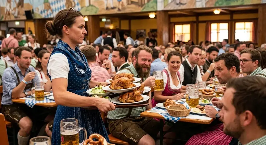 Serveuse Oktoberfest en habit traditionnel servant poulet roti aux clients