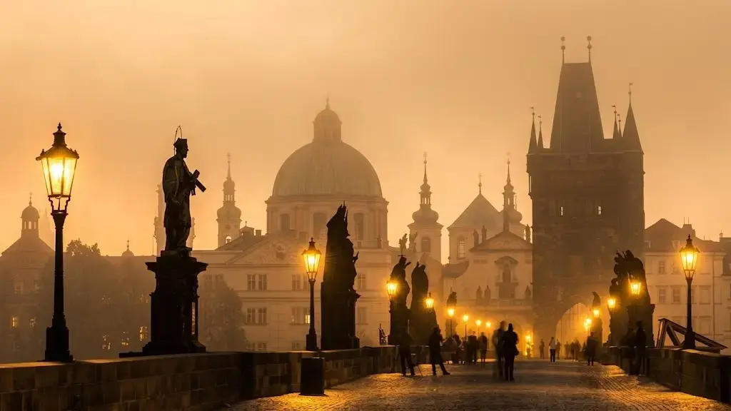 Pont Charles à Prague illuminé à la tombée du jour avec statues historiques