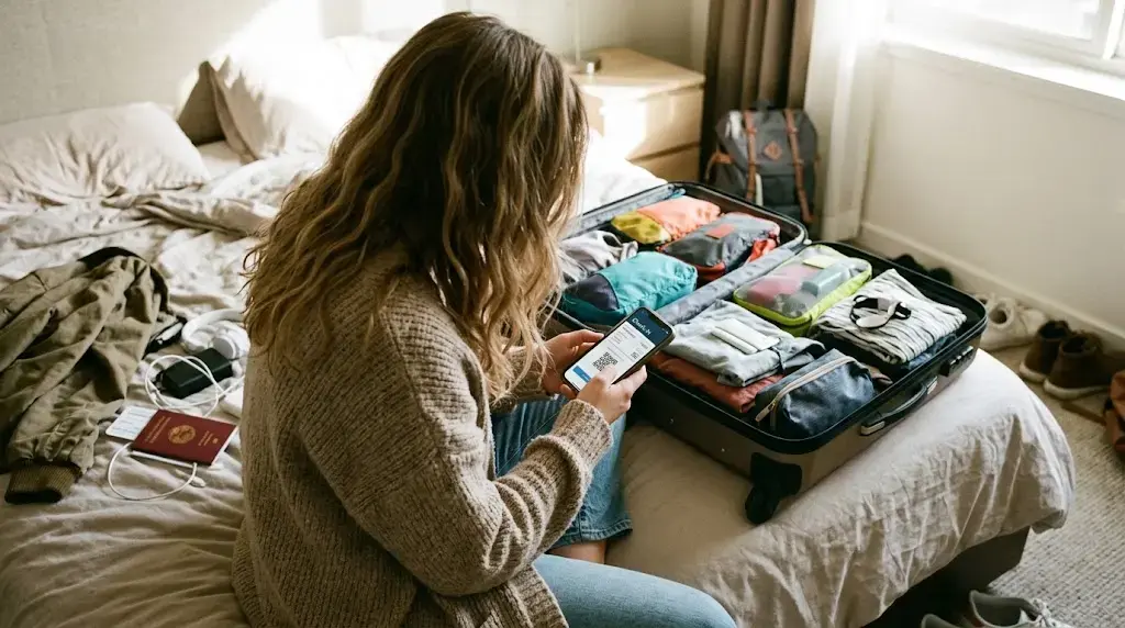 Voyageur utilisant son téléphone pour l'enregistrement en ligne Iberia à l'aéroport